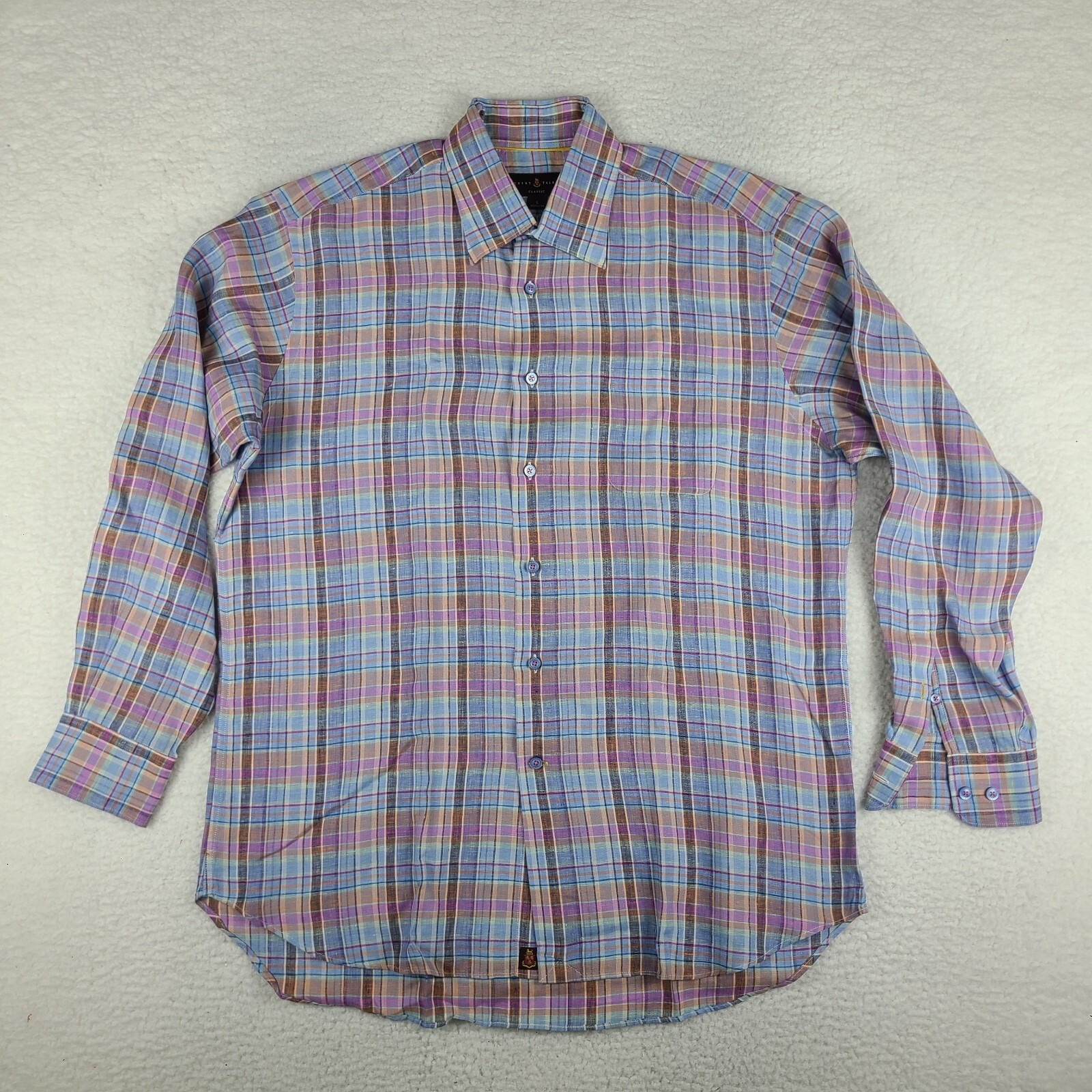Robert Talbott Shirt Mens Large Blue Brown Purple Plaid Classic Linen Button Up